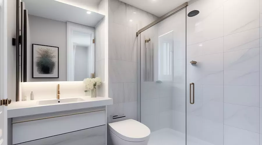 White bathroom remodel featuring subway tile shower with grey accent stripe, white vanity, and hexagon floor tile